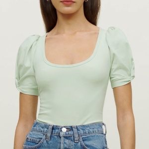 Reformation Frances Knit Top Pistachio Green in SMALL Puff Sleeves Scoop Neck